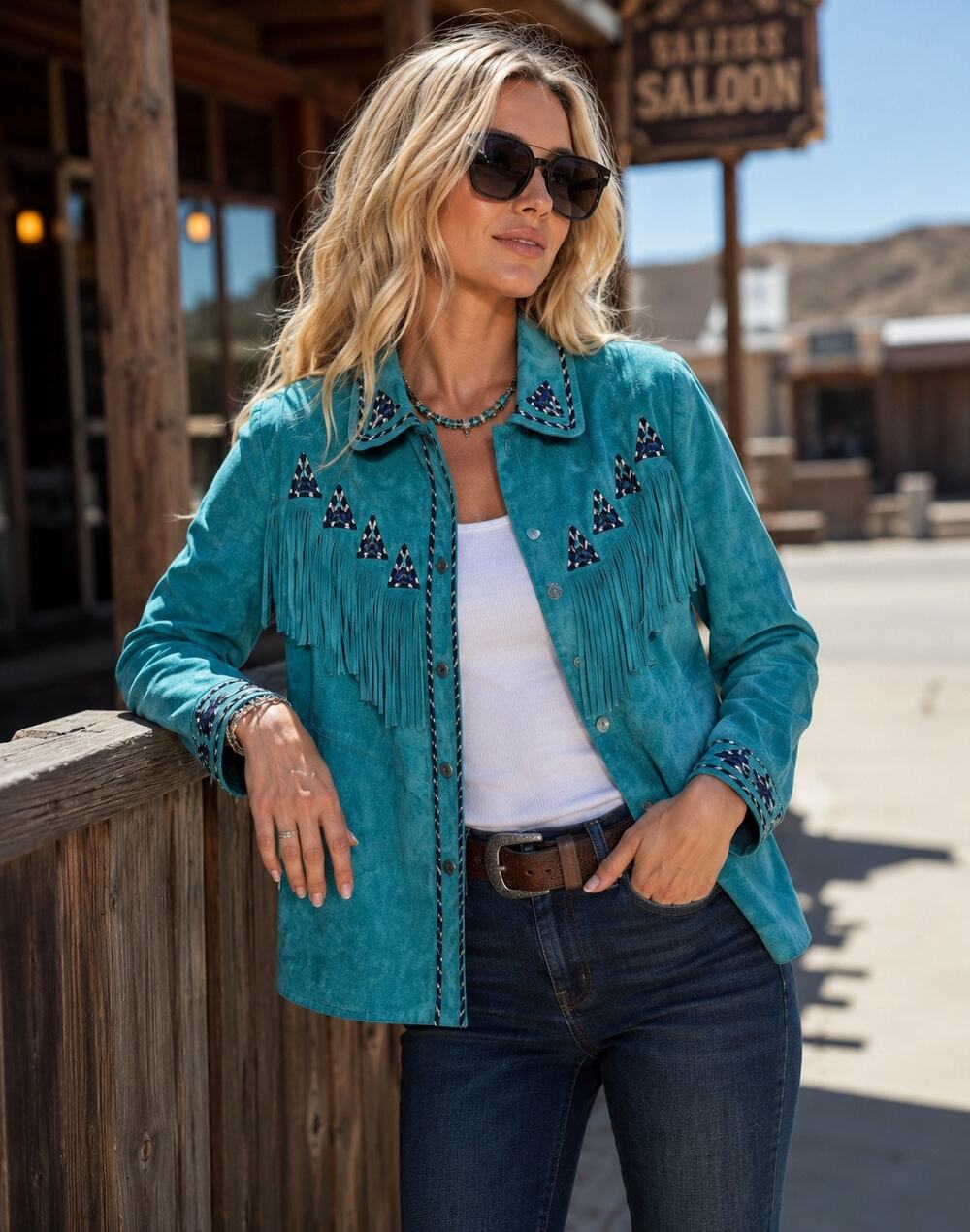 BOB MACKIE Turquoise Black Fringe Detail Western Boho Wearable Art Jacket sz L